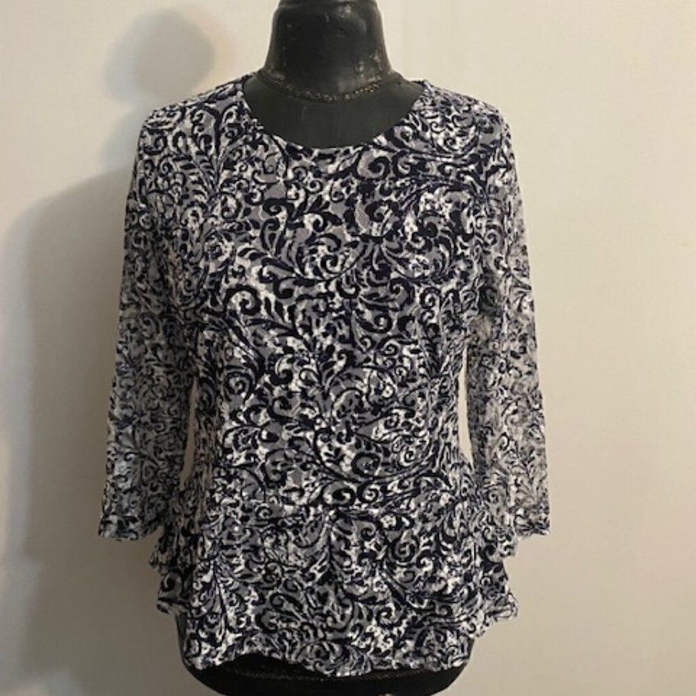 Rafaella Blue/Gray/White Paisley 3/4 sheer sleeves Peplum top, size L